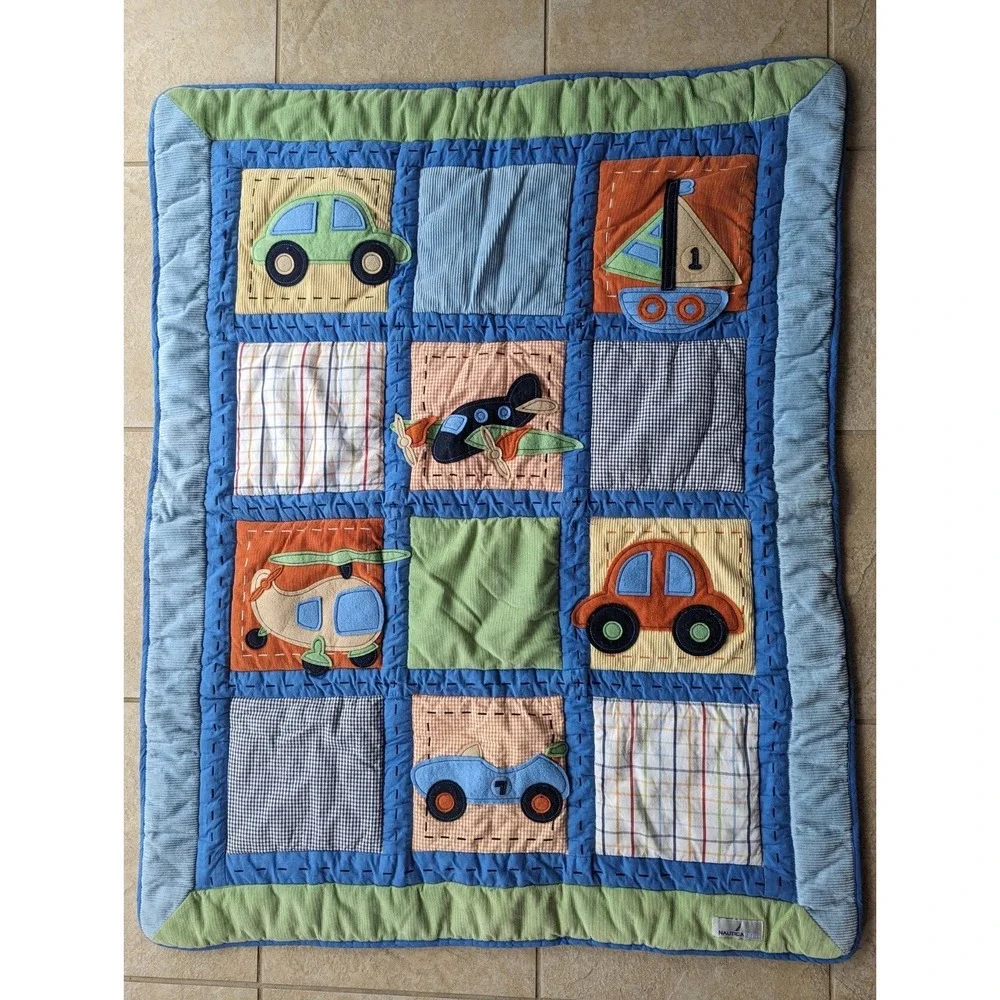 Nautica Kids Nursery Crib Blanket Quilt Patchwork Cars Size 34.25x42.5